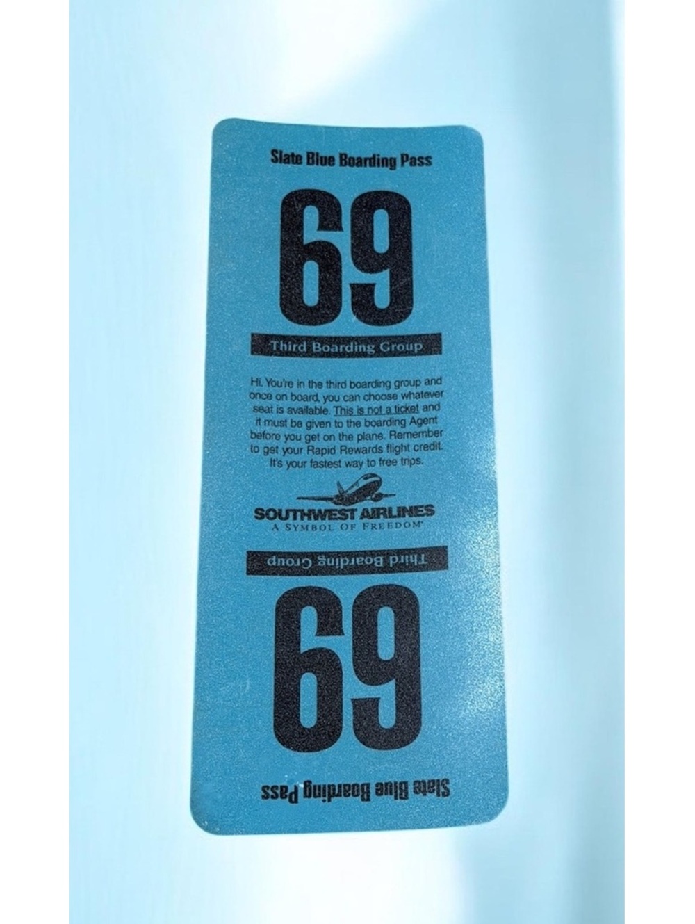 Southwest Airlines Slate Blue Boarding Pass Number 69 Third Boarding Group